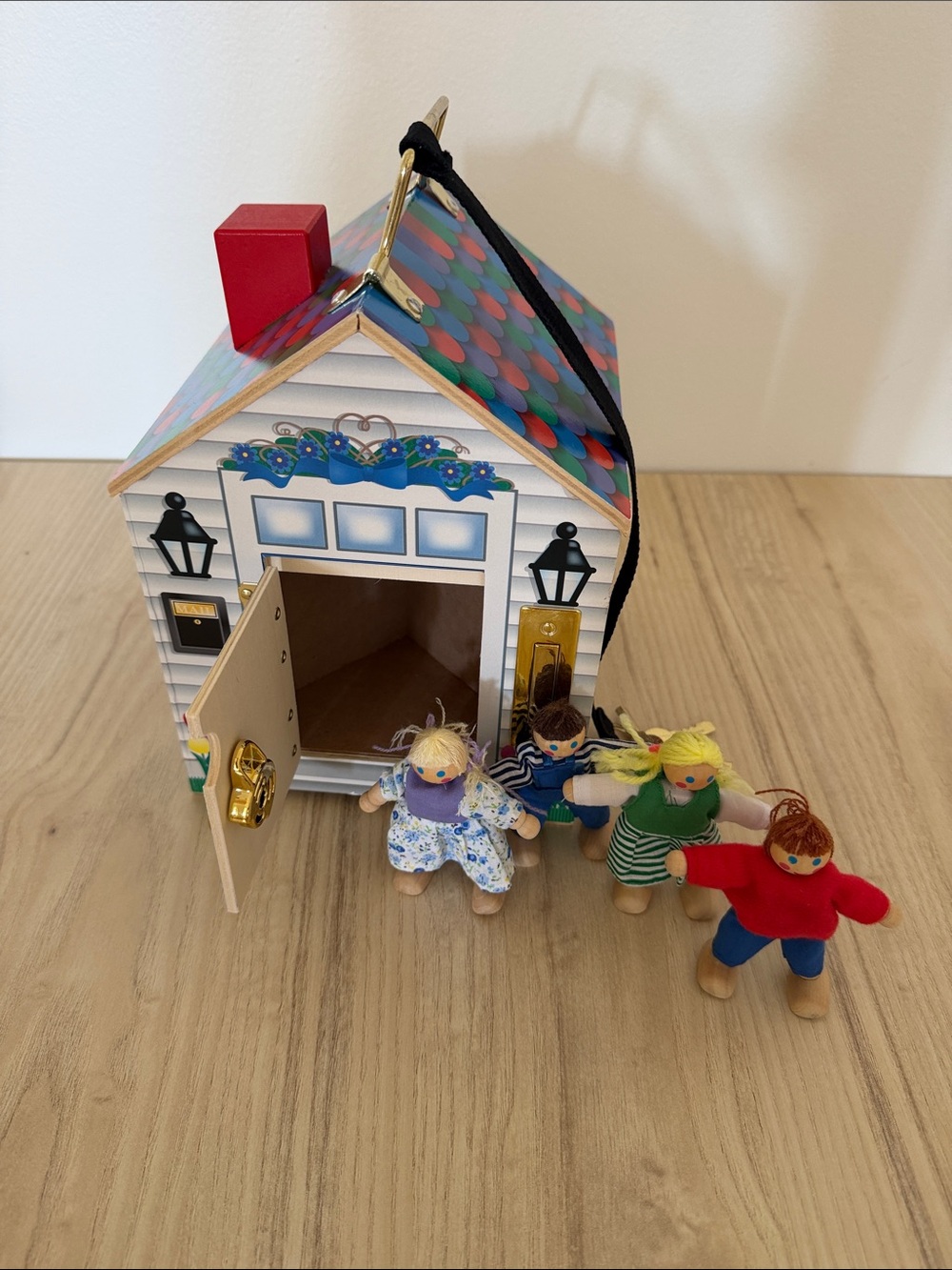 Wooden Dollhouse Carry Case with Four Wooden Peg Dolls - Multicolor Roof